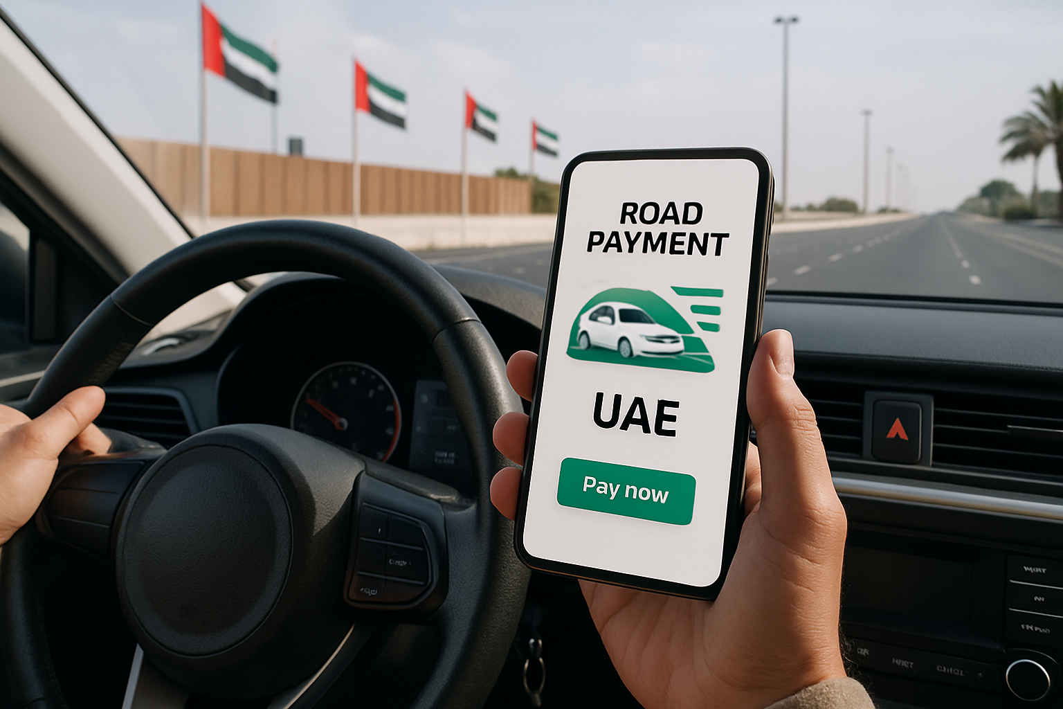 Driver using mobile app for road payment in UAE