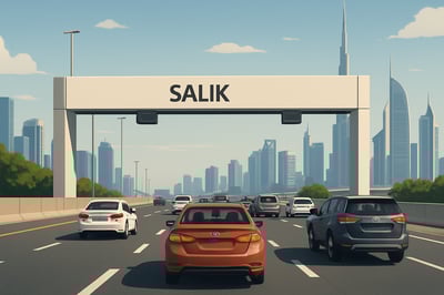 Illustration of a modern Dubai highway with toll gates and cars