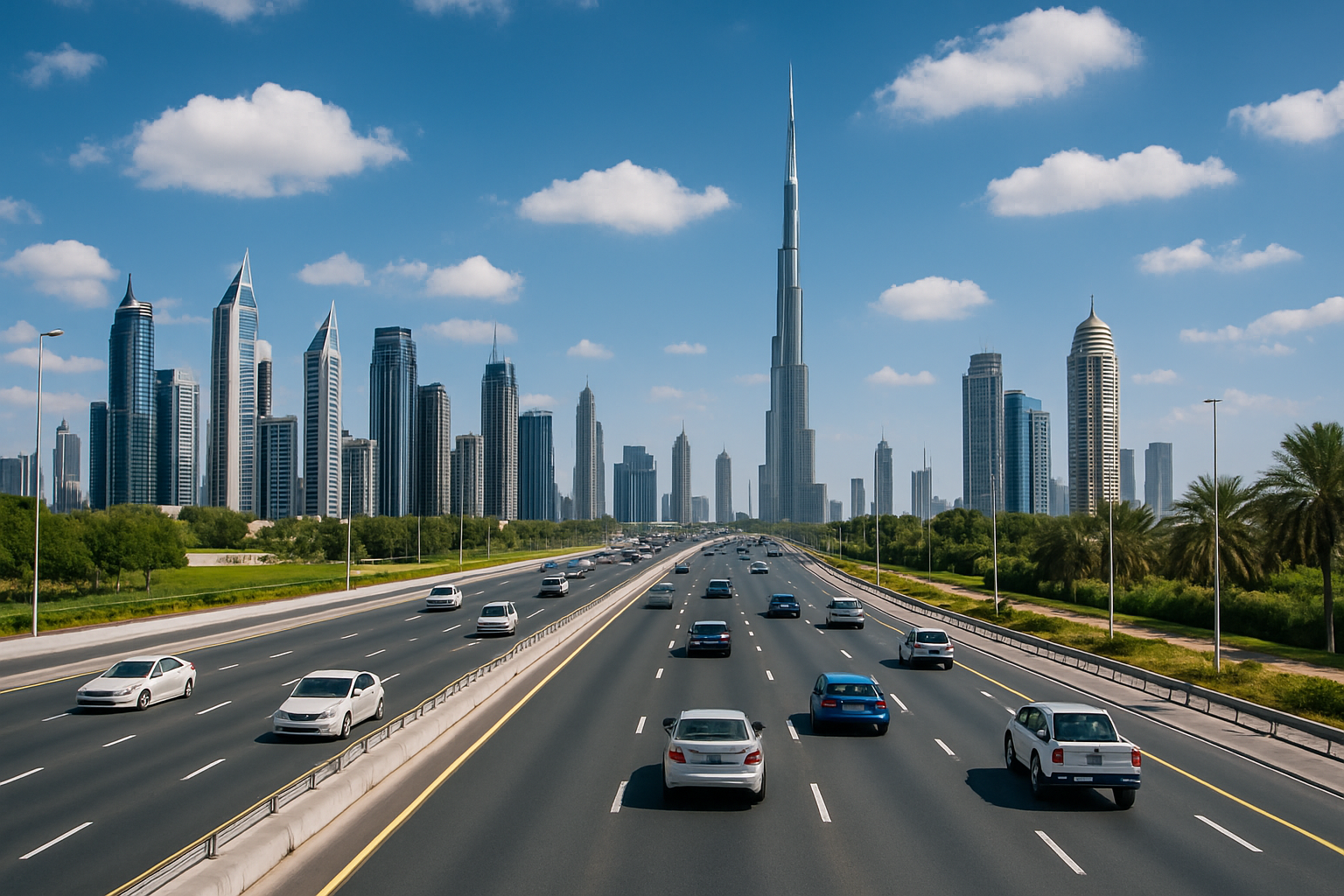Dubai road with smooth traffic flow under blue sky