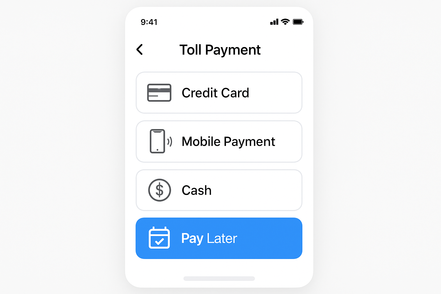 Mobile app interface showing toll payment options